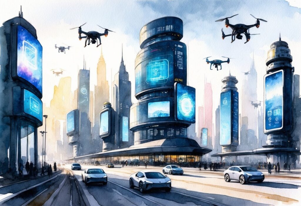 A futuristic cityscape with holographic displays and digital billboards, bustling with drones and autonomous vehicles